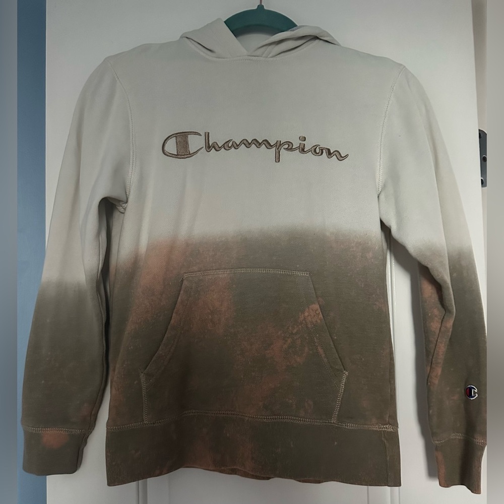 CHAMPION Size M Distressed Ombré Cream and Brown Hooded Sweatshirt with Pockets